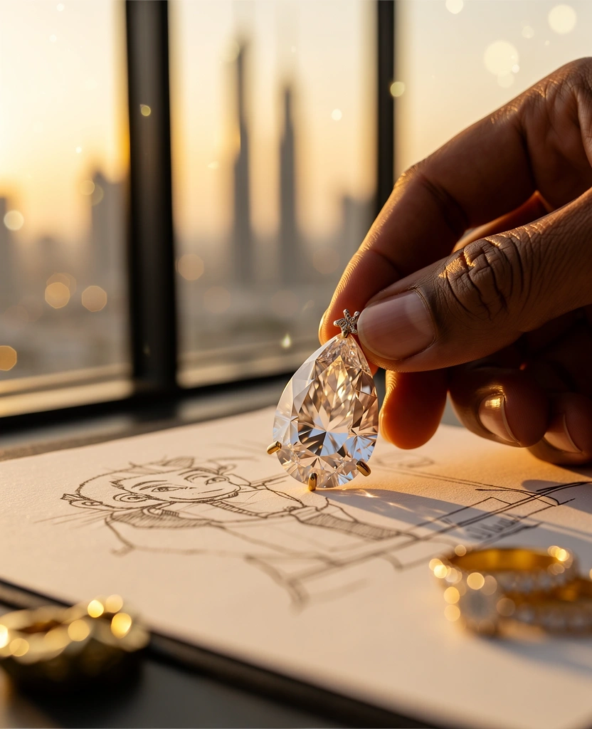 Bespoke jewelry design sketch and gemstones
